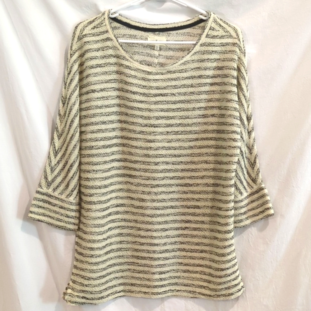 Lou & Grey | Open Textured Knit Tunic Sweater 3/4 Sleeves Black Ivory LOFT | M